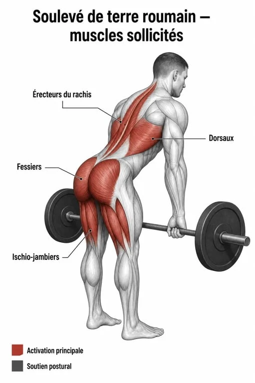 Schéma anatomique des muscles sollicités lors du soulevé de terre roumain