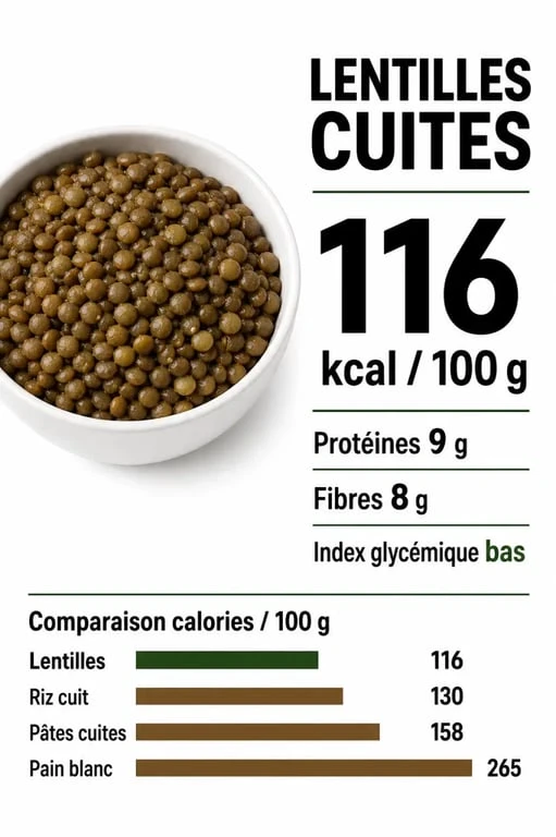 Lentilles calorique : calories, protéines, fibres et index glycémique en infographie