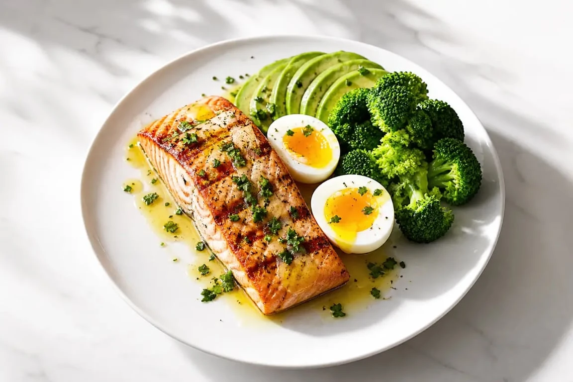 Recette keto : assiette cétogène avec saumon, brocolis, avocat et œufs