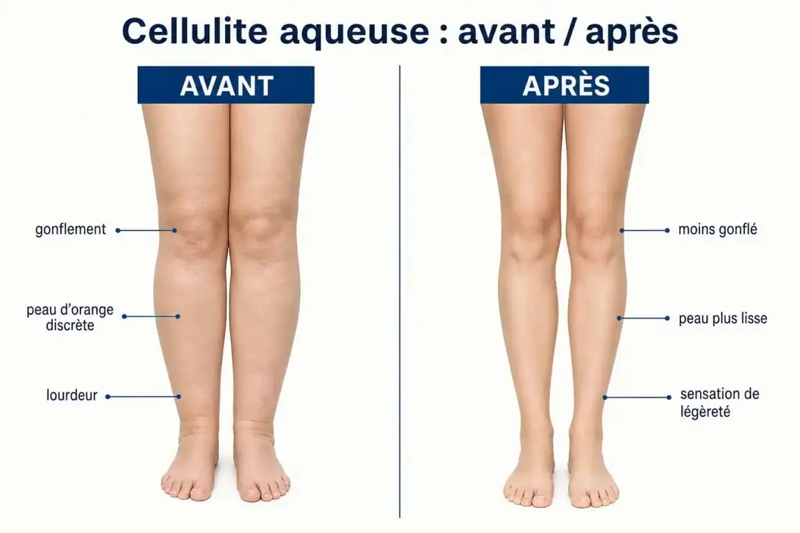 Cellulite aqueuse avant apres sur les jambes en comparaison visuelle