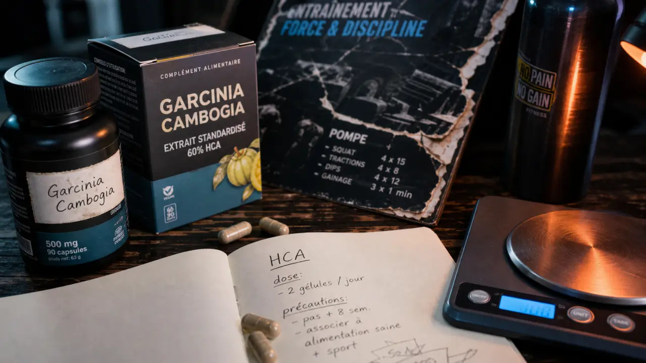 Garcinia cambogia pour maigrir : flacon, gélules et carnet de notes HCA