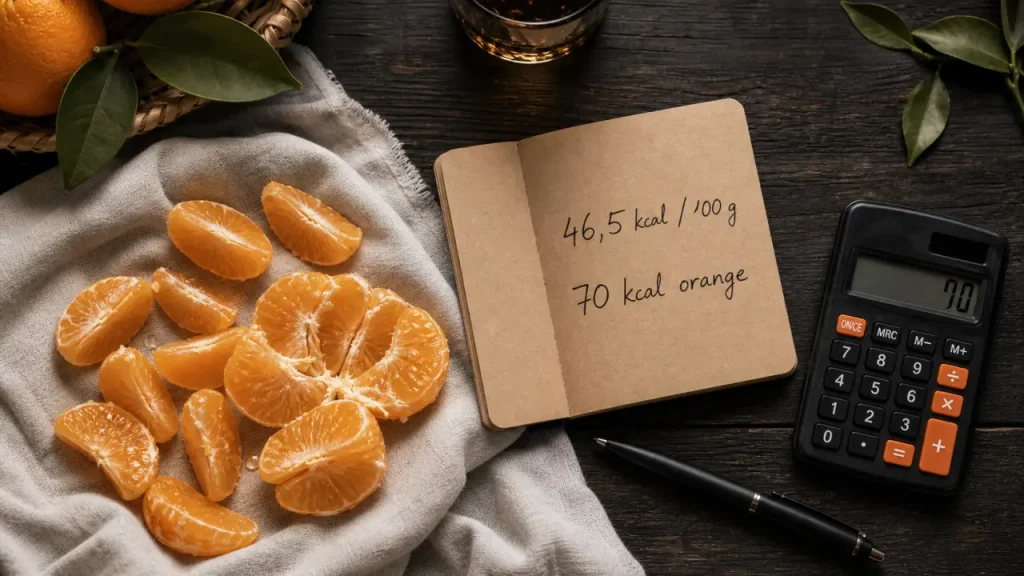 Orange : 46,5 kcal pour 100 g et environ 70 kcal par fruit