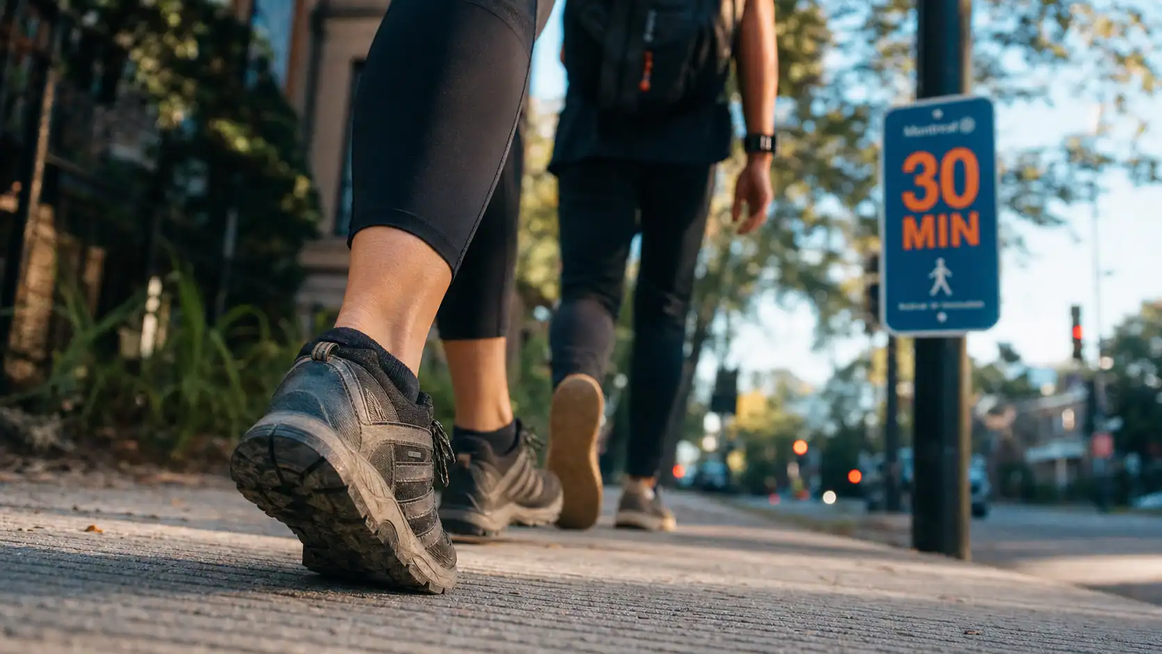 Marche 30 minutes par jour pour la santé, chaussures et trottoir au matin