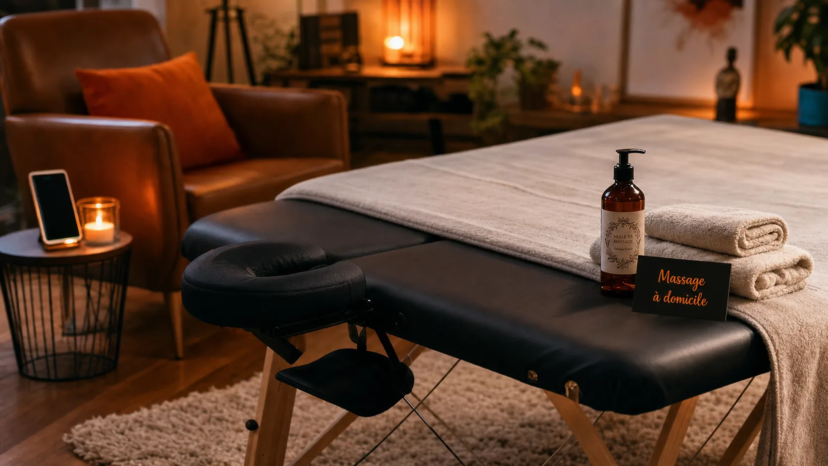 Massage a domicile : table de massage et huile, salon calme