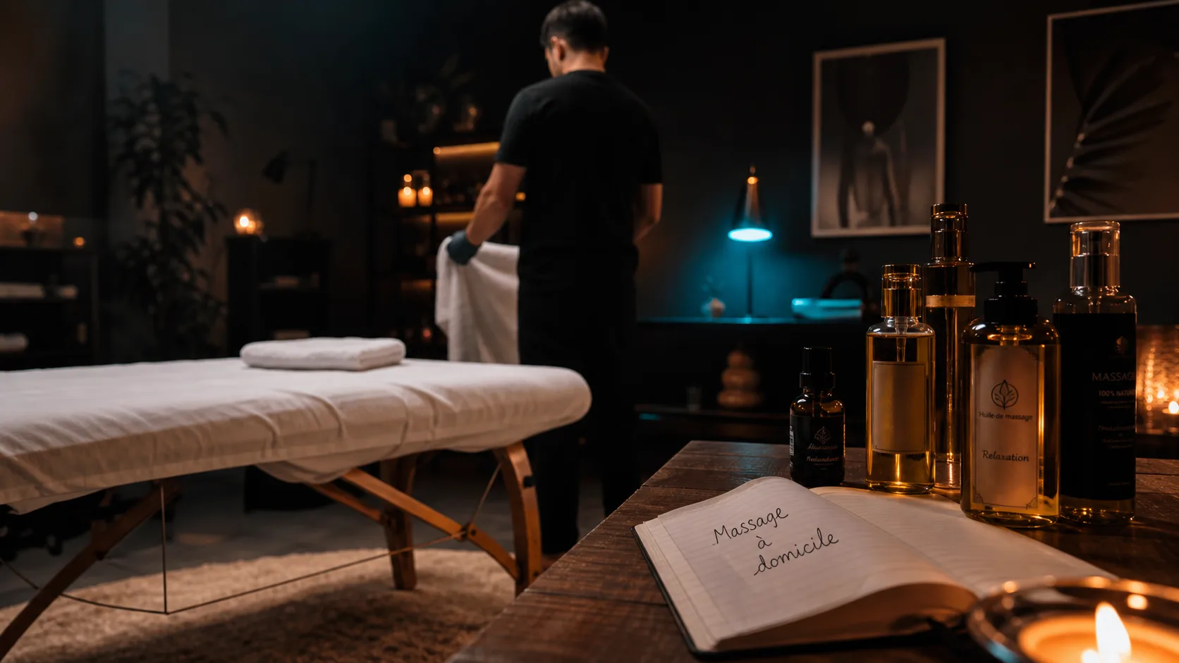 Massage a domicile : table et huiles, ambiance intime
