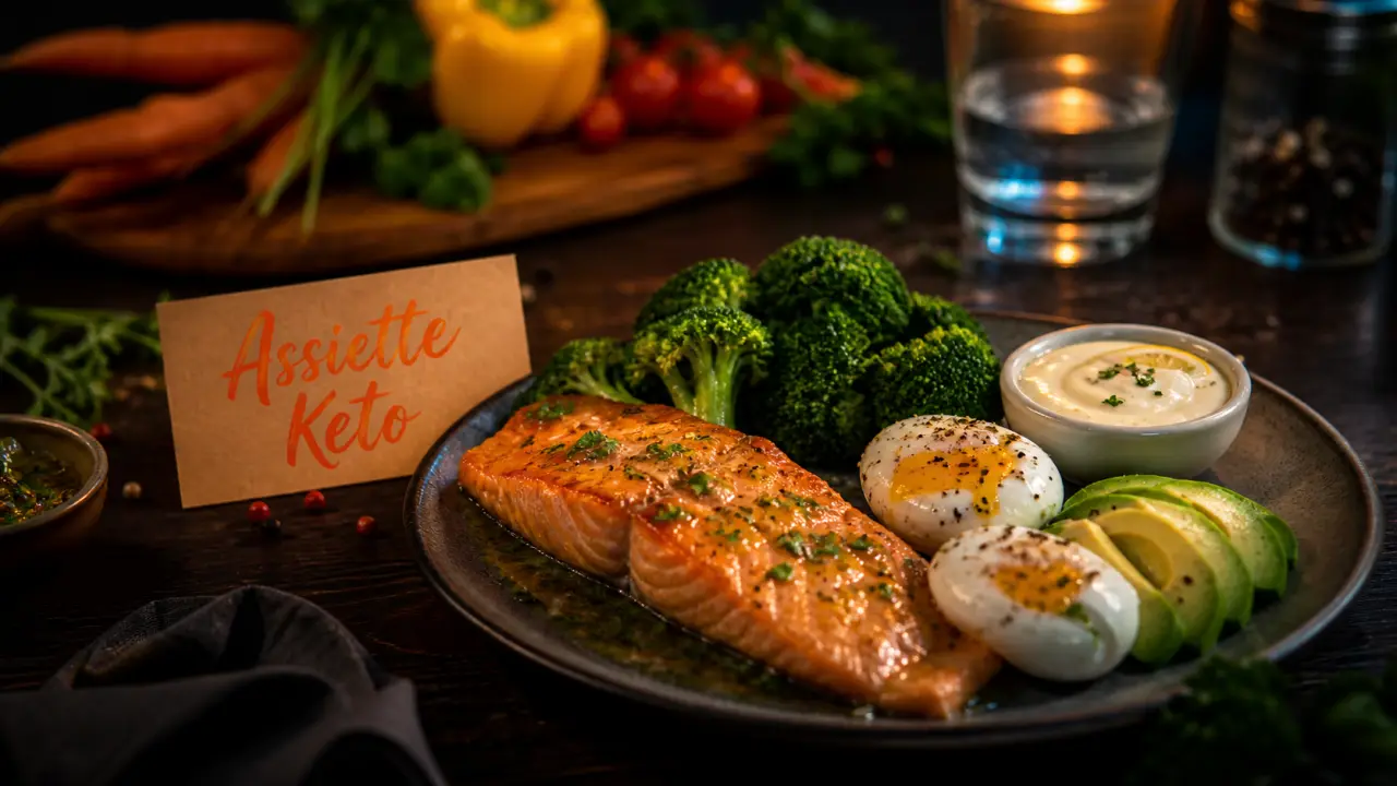 Recette keto : assiette saumon avocat brocoli et œufs
