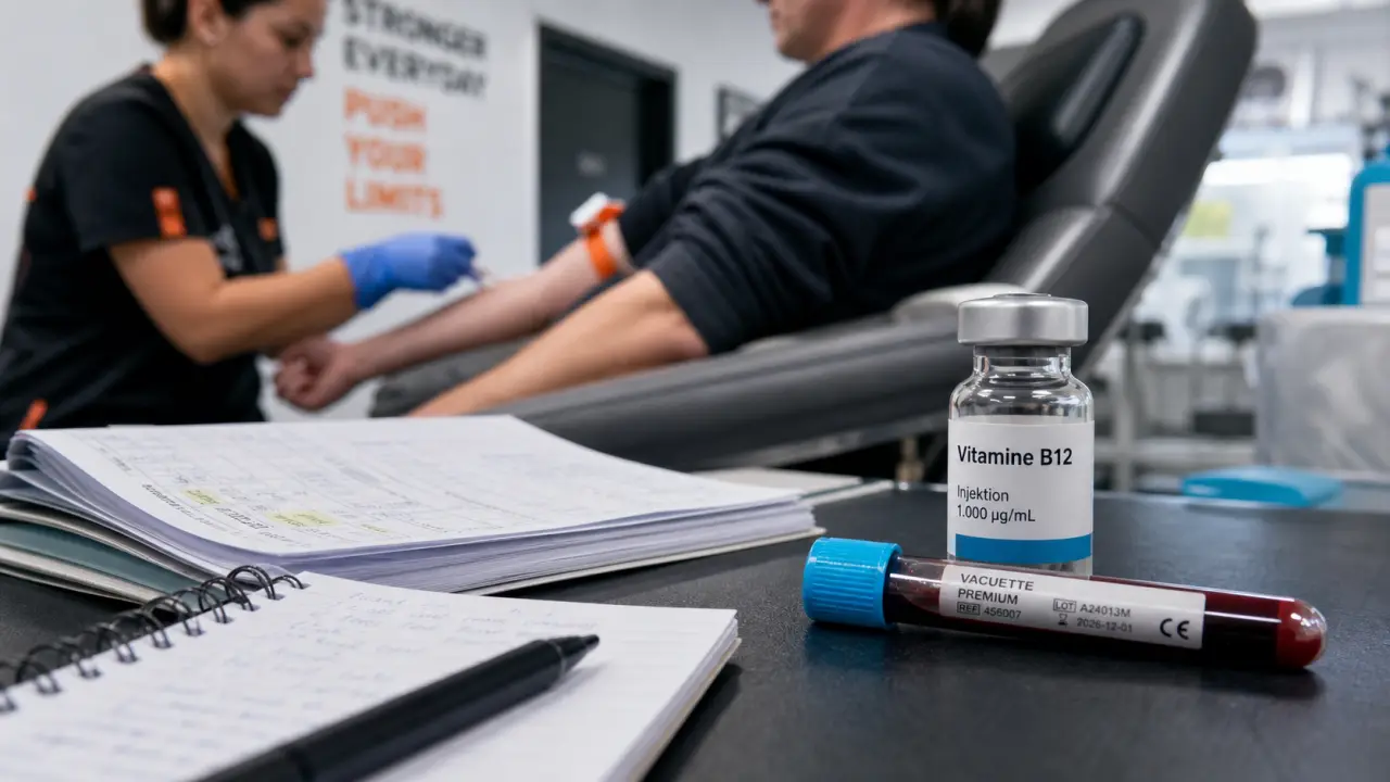 Vitamine B12 prise de sang, dossier médical et tube de prélèvement