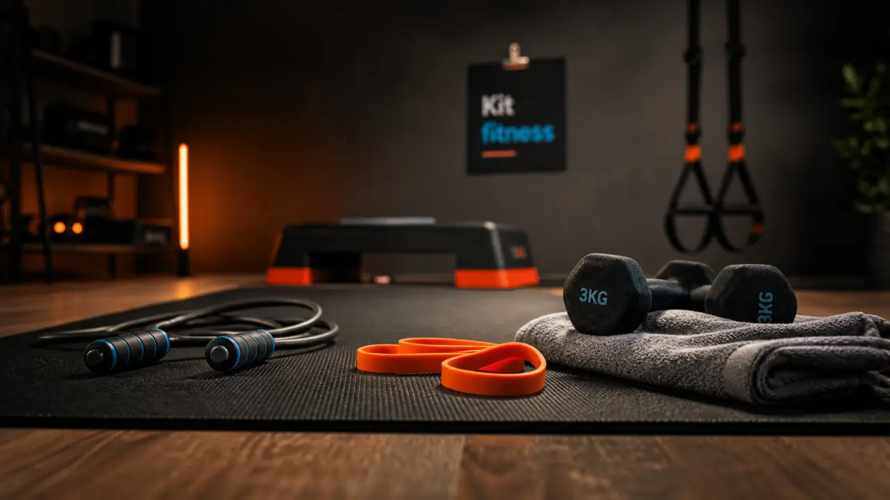 Accessoires fitness : tapis, élastique orange et corde à sauter
