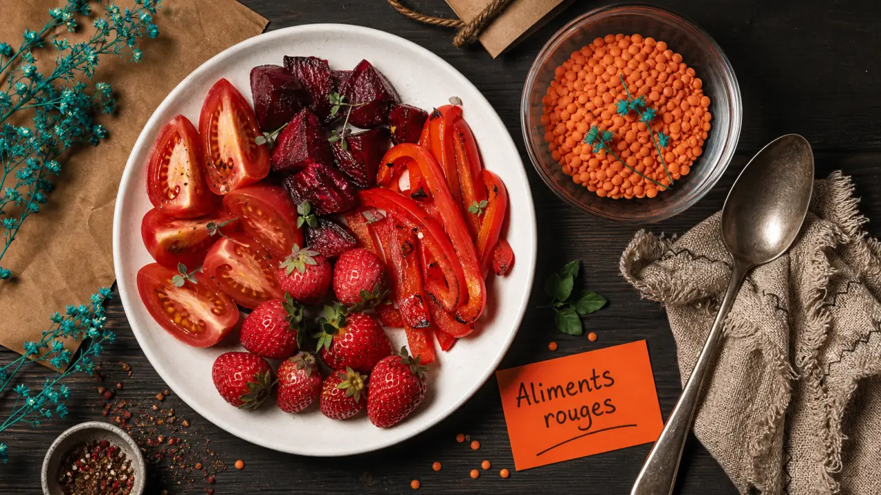 Aliment rouge : tomates, betterave rôtie et fraises sur assiette