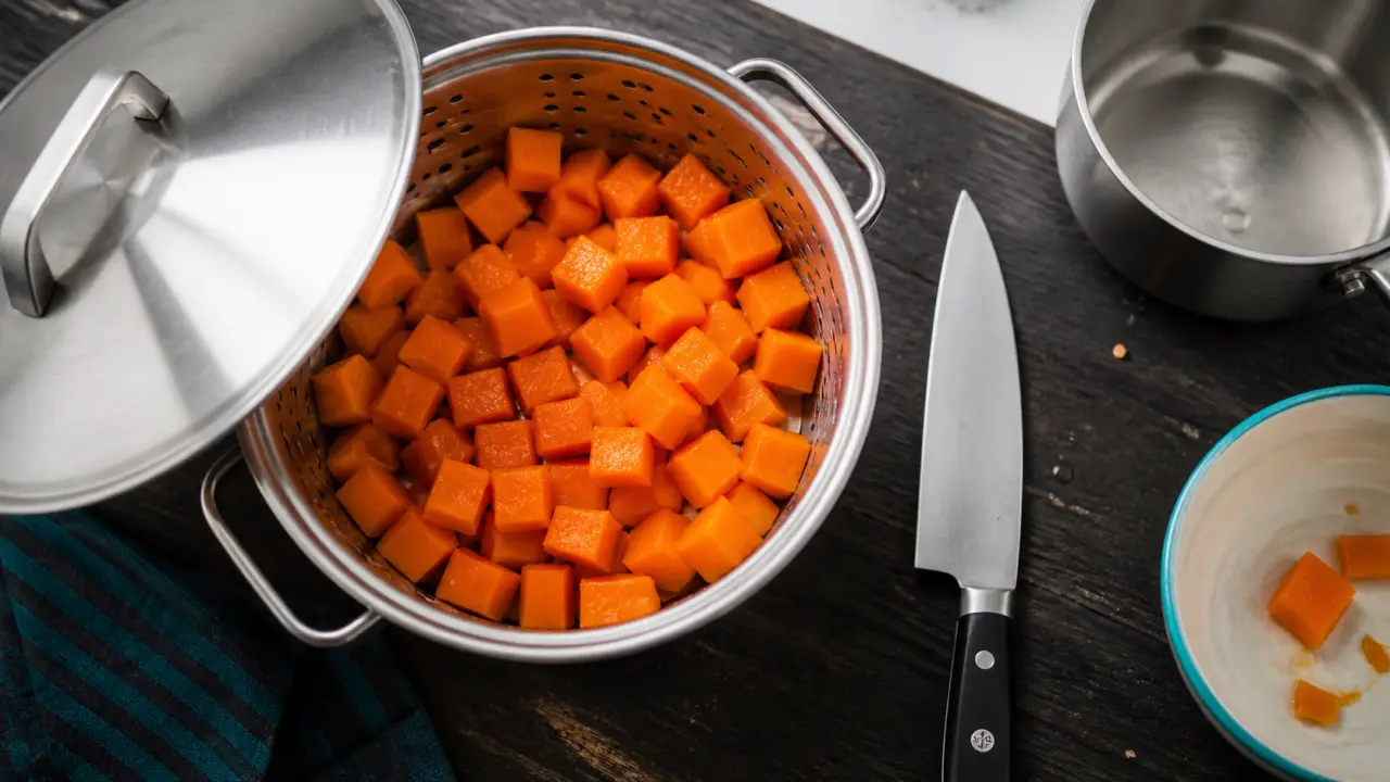 Cuisson butternut vapeur en cubes, 15 à 20 minutes
