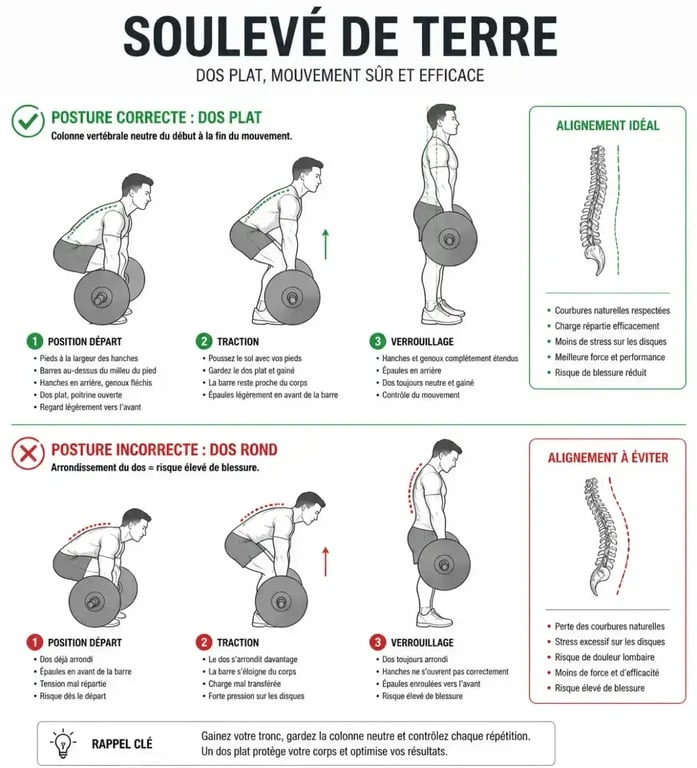 Posture correcte pour l'exercice du dos musculation