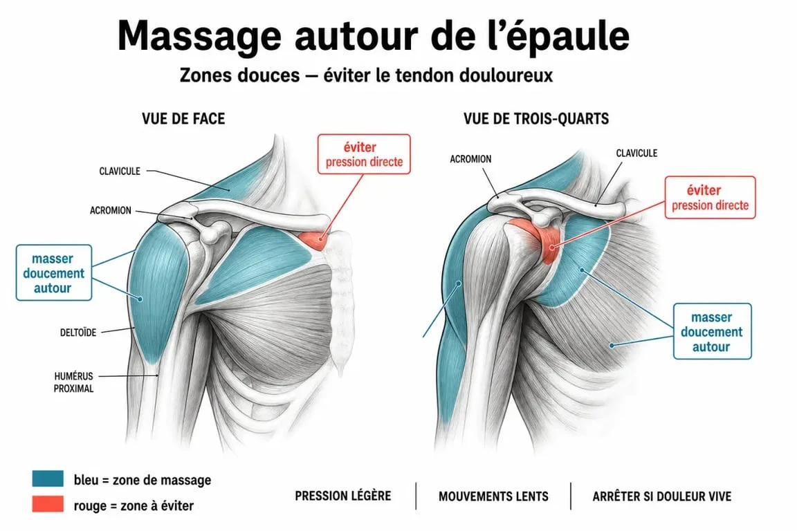 Tendinite épaule massage : schéma des zones à masser et des zones à éviter