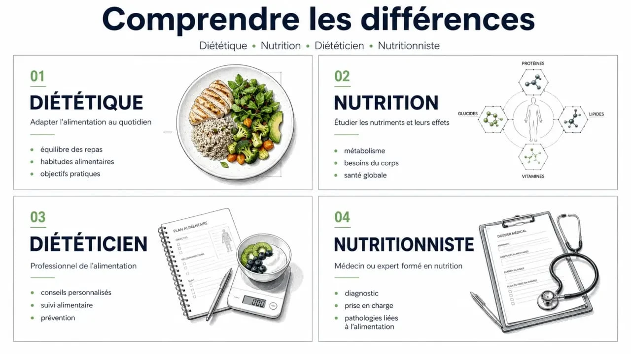 Diététique : comparaison claire entre diététique, nutrition, diététicien et nutritionniste
