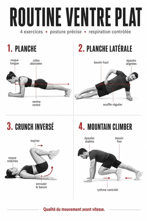 Exercices pour ventre plat : planche, planche latérale, crunch inversé et mountain climber avec bonnes postures