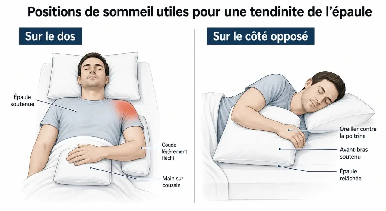 Position pour soulager tendinite épaule : schéma des postures de sommeil recommandées avec bras soutenu par un oreiller