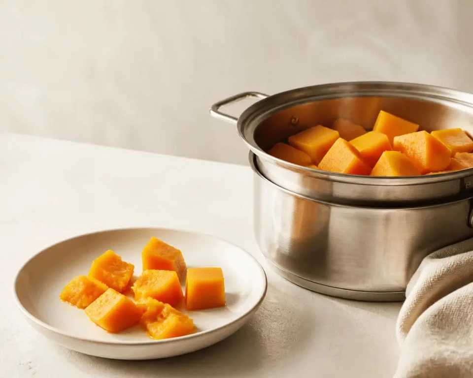 Cuisson butternut vapeur : cubes de butternut tendres dans un panier vapeur