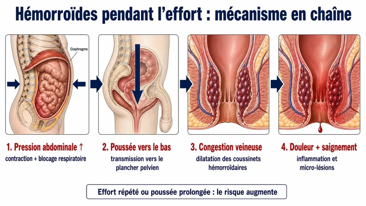 Hémorroïdes sport à éviter : schéma expliquant la pression abdominale et la congestion veineuse