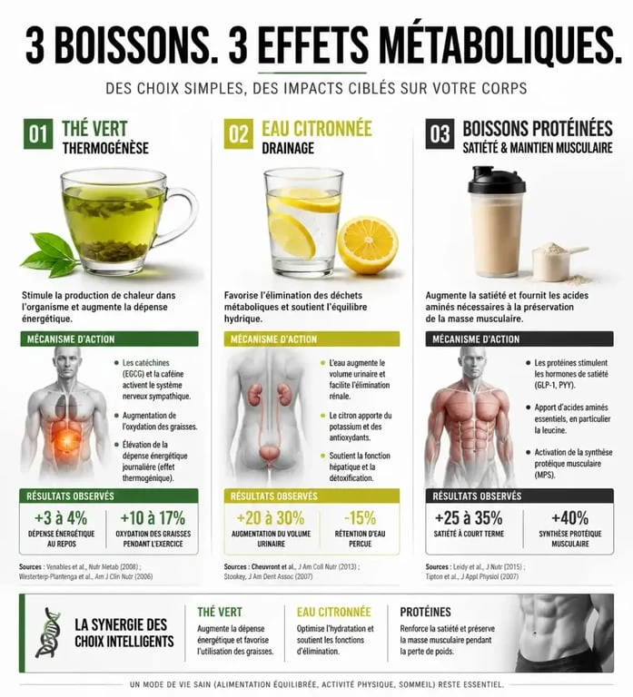Infographie des bienfaits des boissons pour maigrir : thé vert, citron et protéines pour la perte de poids.