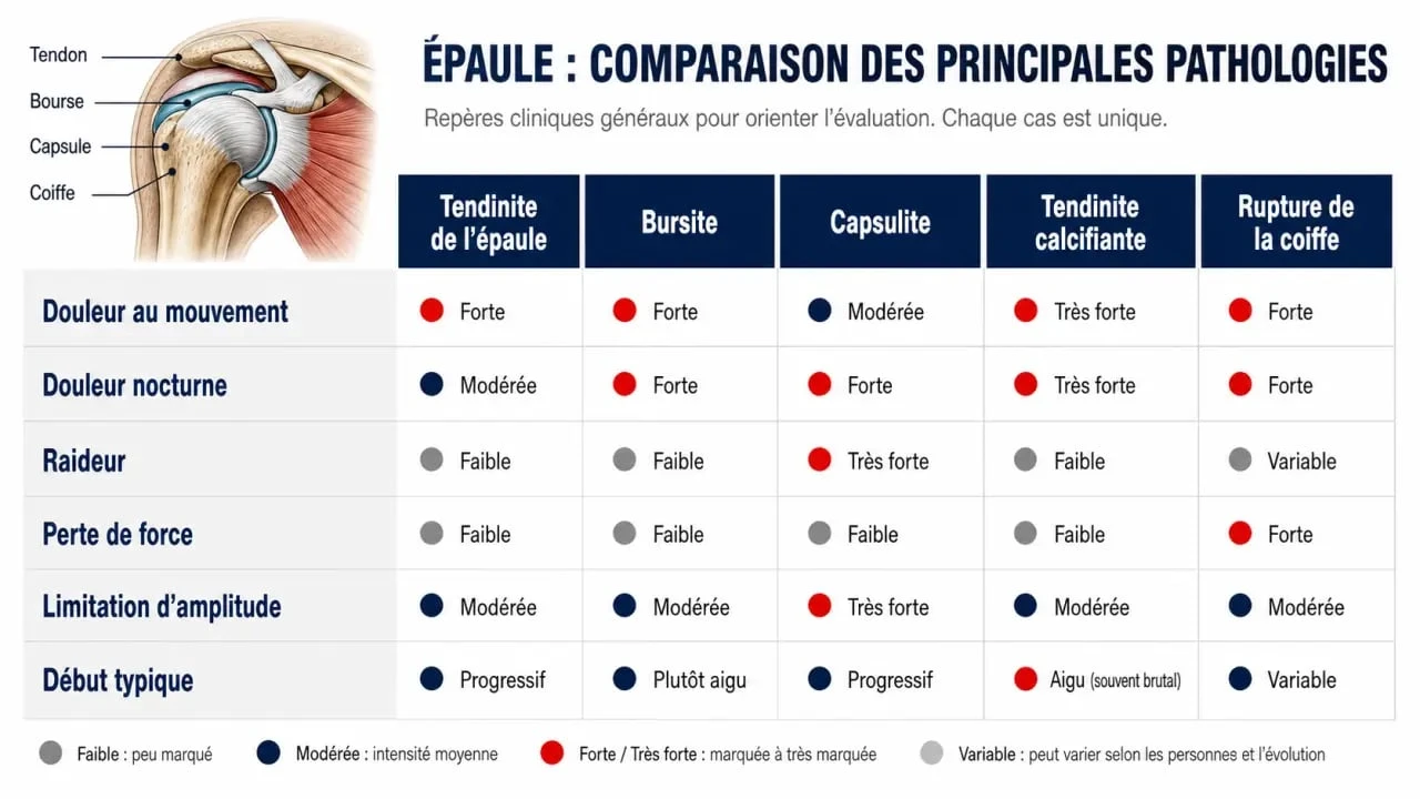 Comparatif visuel de la tendinite épaule bras, bursite, capsulite et rupture de la coiffe