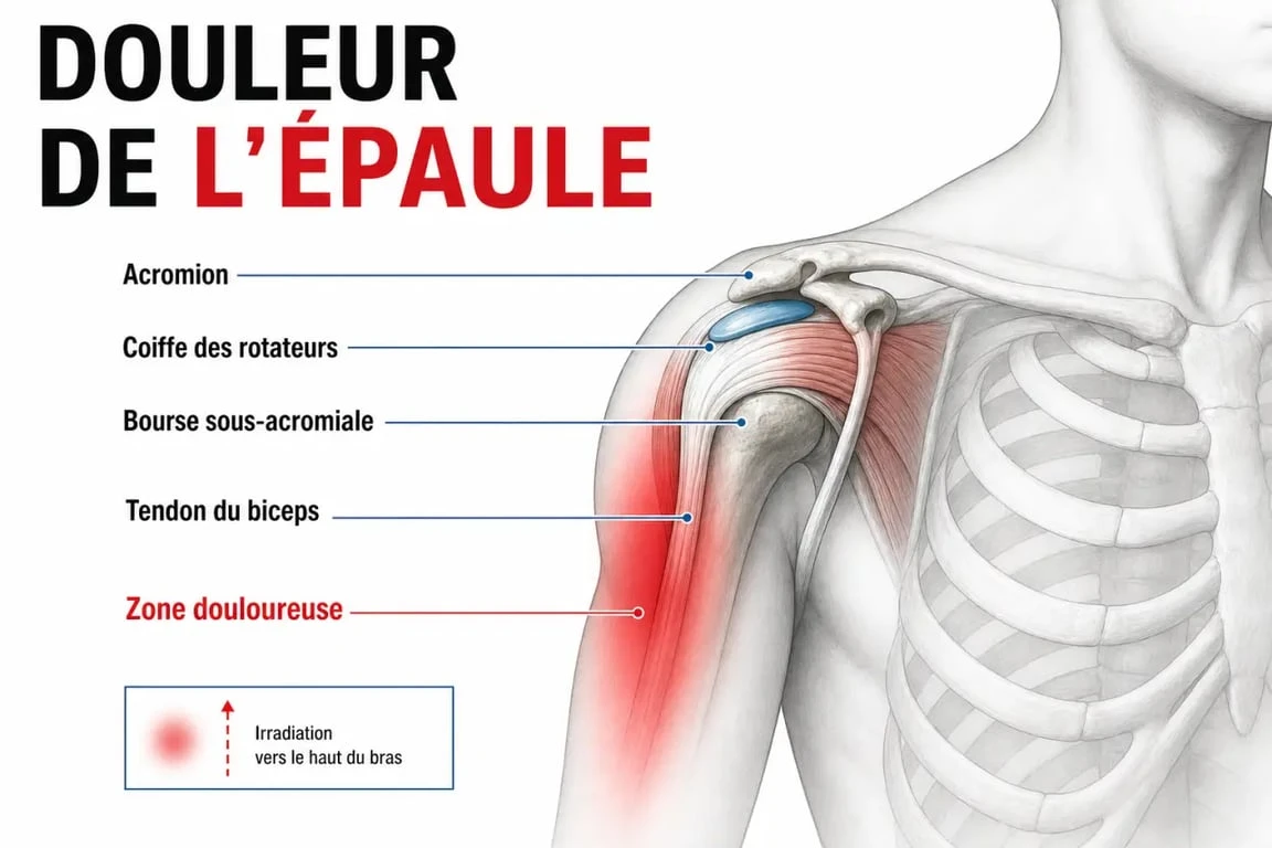 Schéma de la tendinite épaule bras montrant la coiffe des rotateurs et la douleur projetée dans le bras