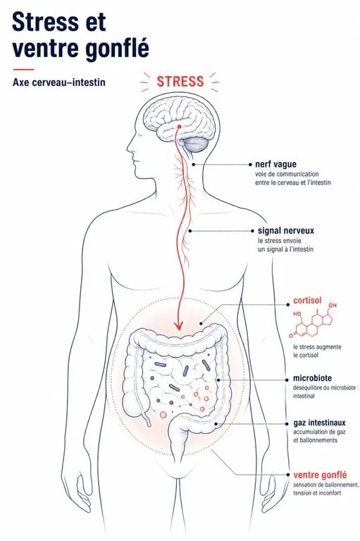Stress et ventre gonflé : schéma du lien entre cerveau, intestin, cortisol et ballonnements