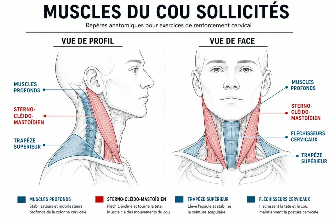 Schéma des exercices cou musculation et des muscles cervicaux sollicités
