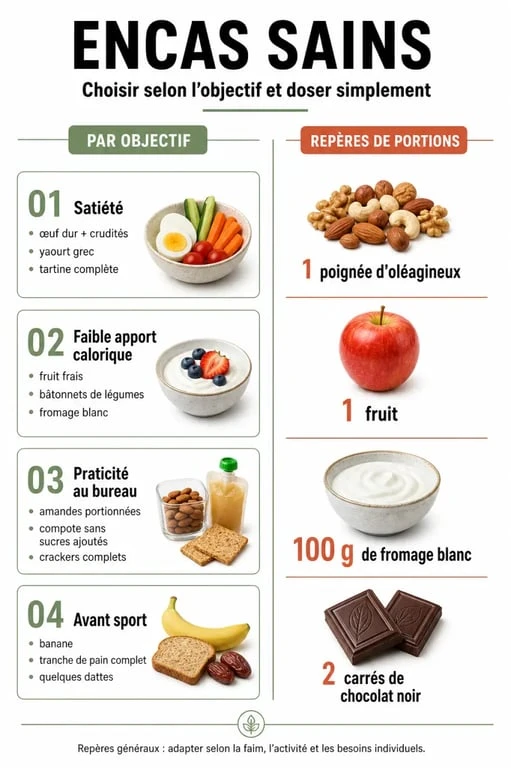 Infographie encas sain avec exemples par objectif et repères de portions