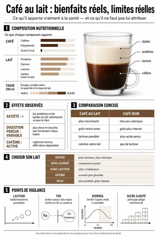 Infographie sur cafe au lait bienfait : avantages, limites et choix du lait