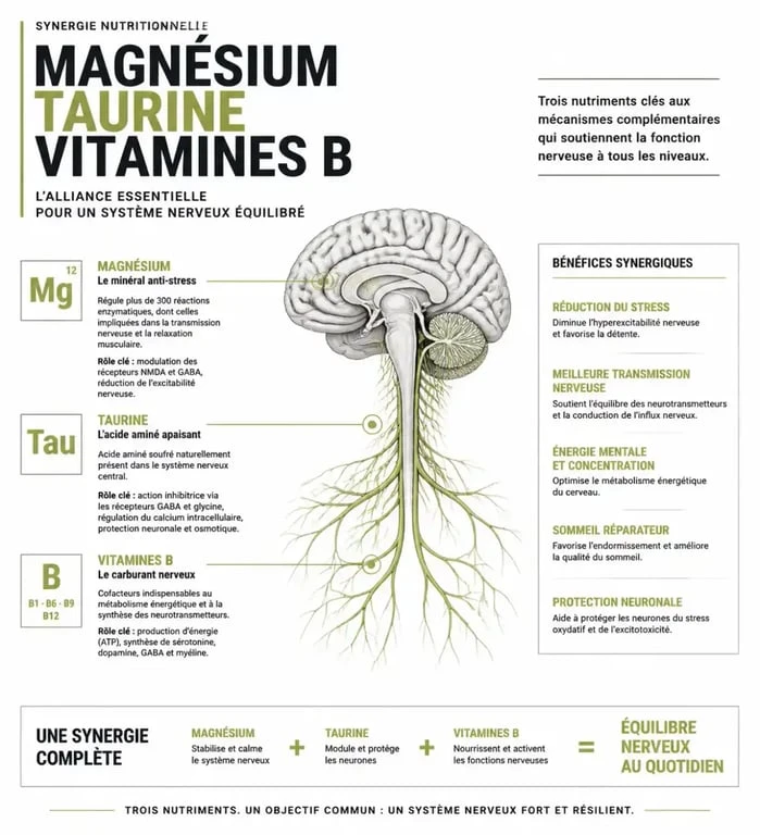 Infographie sur les bienfaits du magnésium et des vitamines pour la gestion du stress et la fatigue nerveuse avec D-Stress