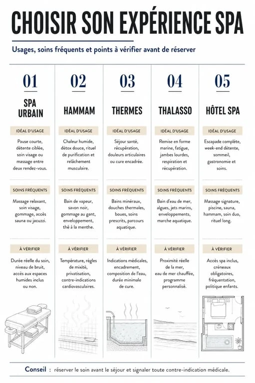 Infographie bien etre spa comparant spa urbain, hammam, thermes, thalasso et hôtel spa