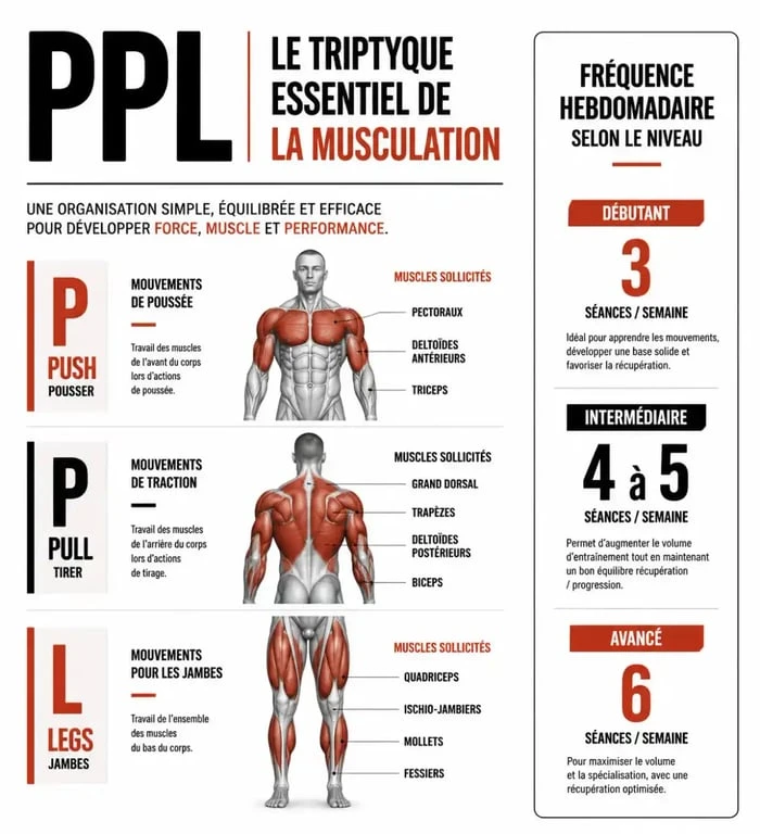 Infographie PPL muscu sur la répartition push pull legs et la fréquence hebdomadaire