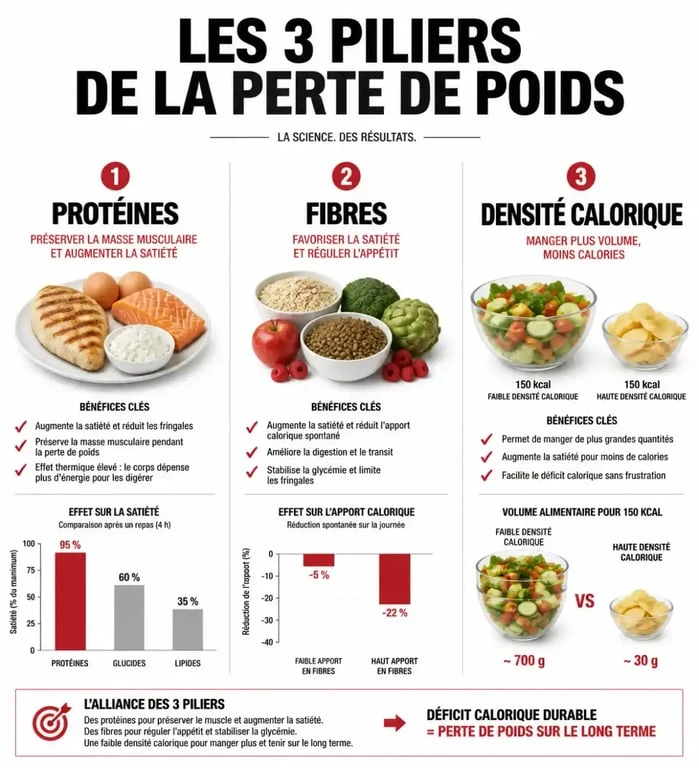 Infographie sur les aliments qui font maigrir : protéines, fibres et densité calorique