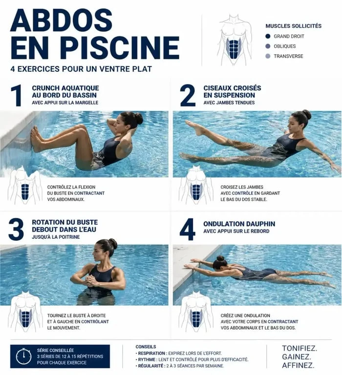 Abdos piscine ventre plat : quatre exercices en piscine pour tonifier la sangle abdominale