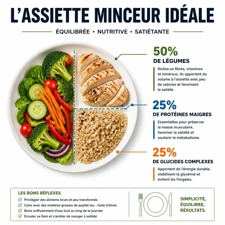 Infographie sur la composition d'une assiette pour un menu minceur équilibré