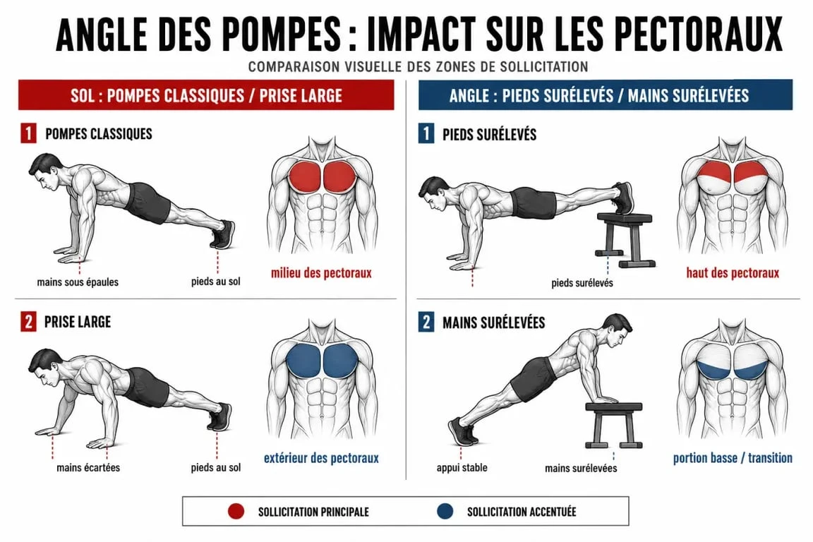 Pectoraux pompes : comparaison visuelle des variantes selon l’angle et la zone ciblée