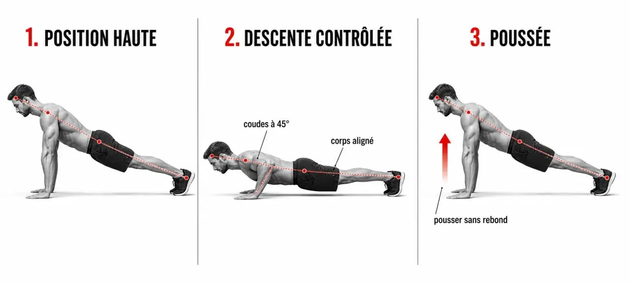 Pectoraux pompes : schéma du mouvement correct en trois phases