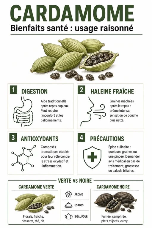 Infographie sur les bienfaits de la cardamome pour la digestion, l’haleine et les précautions d’emploi