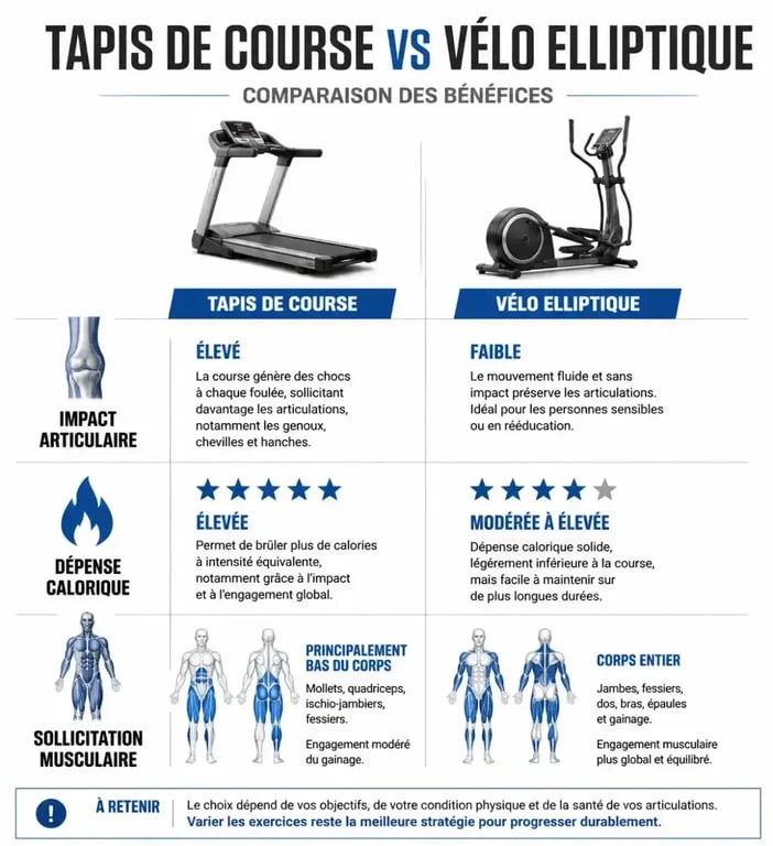 Tableau comparatif tapis de course ou vélo elliptique : impact articulaire, calories et muscles