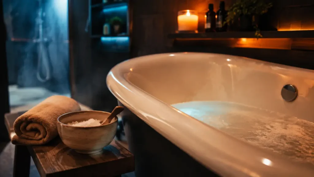 Bain décontractant musculaire maison : eau chaude, sels d’Epsom et 4 gouttes bien dosées