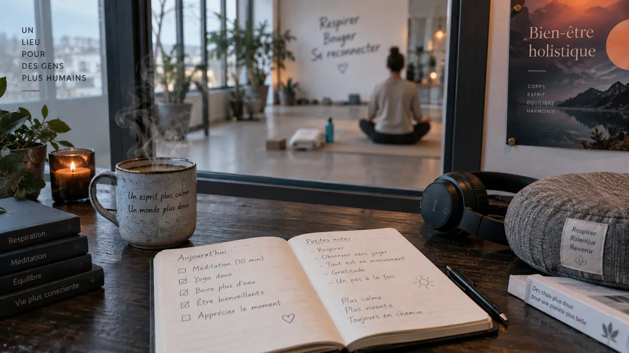 Bien-être holistique : tasse, carnet et pratique calme du corps et du mental