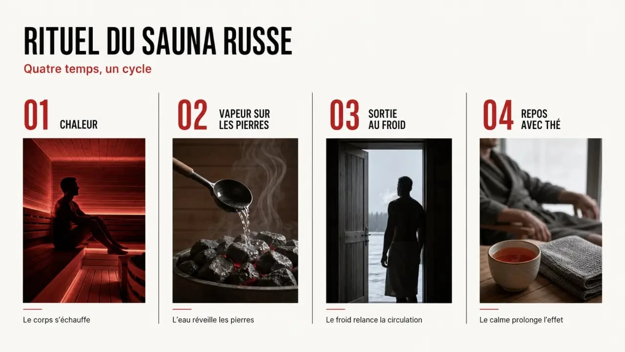 Rituel du sauna russe en quatre étapes : chaleur, vapeur, froid et repos