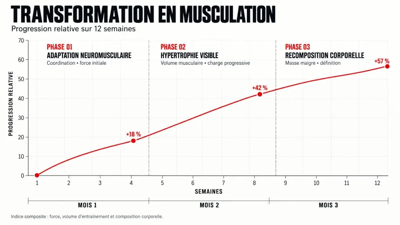 Courbe de progression musculation avant après sur 3 mois avec phases de transformation