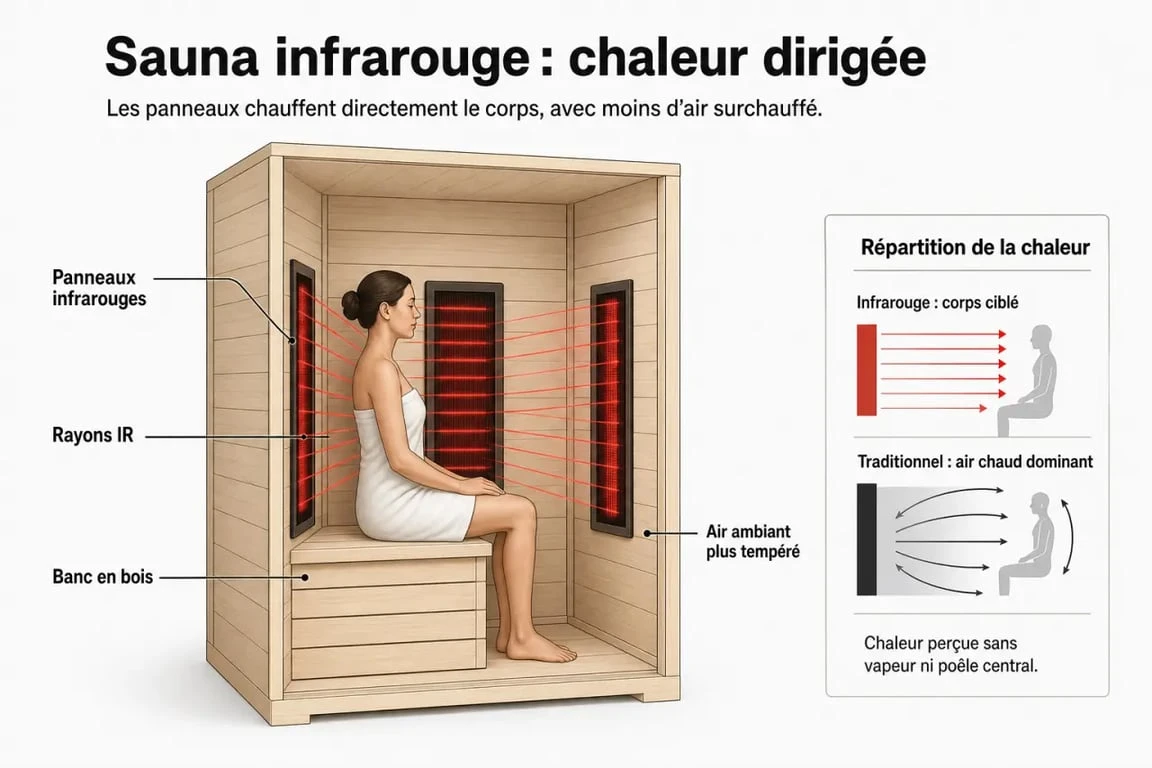 Schéma de sauna infrarouge expliquant le fonctionnement d’un sauna infrarouge