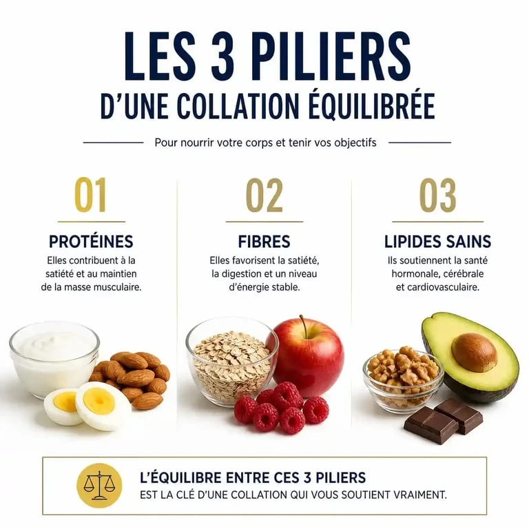 Composition graphique des piliers d'un grignotage sain et équilibré