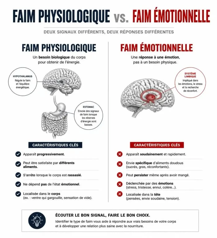 Infographie sur la différence entre faim physiologique et émotionnelle pour un grignotage sain