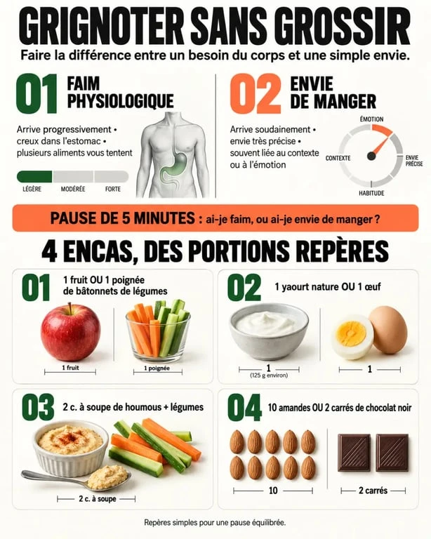 Infographie pour grignoter sans grossir avec exemples d’encas et repères de portions
