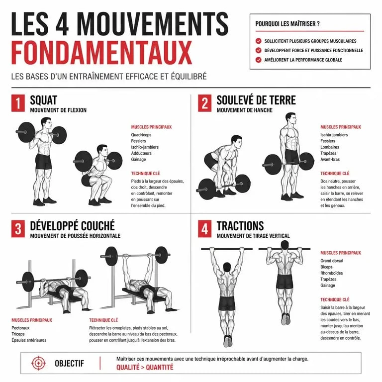 Schéma des mouvements polyarticulaires fondamentaux en musculation