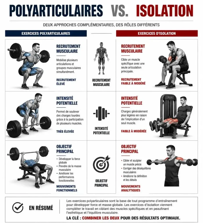 Infographie comparative entre exercices polyarticulaires et isolation pour la musculation