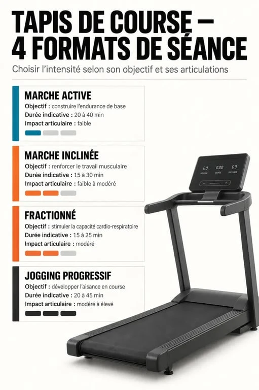 Infographie des exercices sur tapis de course selon l’objectif, la durée et l’impact articulaire