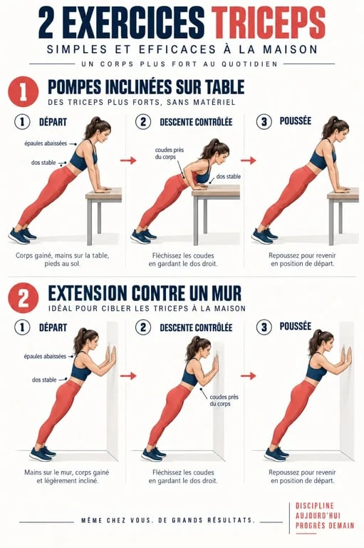 Exercice pour triceps femme à domicile : pompes inclinées et extension contre un mur
